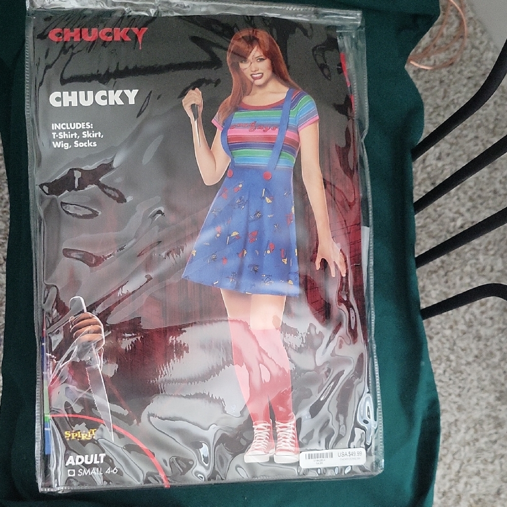 Spirit Chucky Costume with Blue Skirt and Red Wig